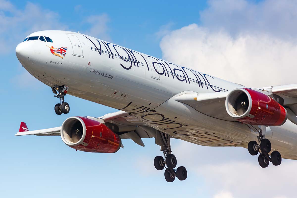 Virgin Atlantic Airbus A330-300 airplane at London Heathrow Airport (LHR) in the United Kingdom.